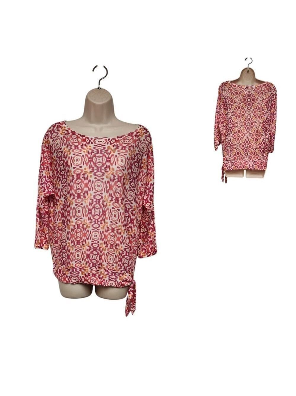 Chico's Multicolor Pink/Cream Round Neck 3/4 Sleeve Front Tie Blouse Size 1(USM)